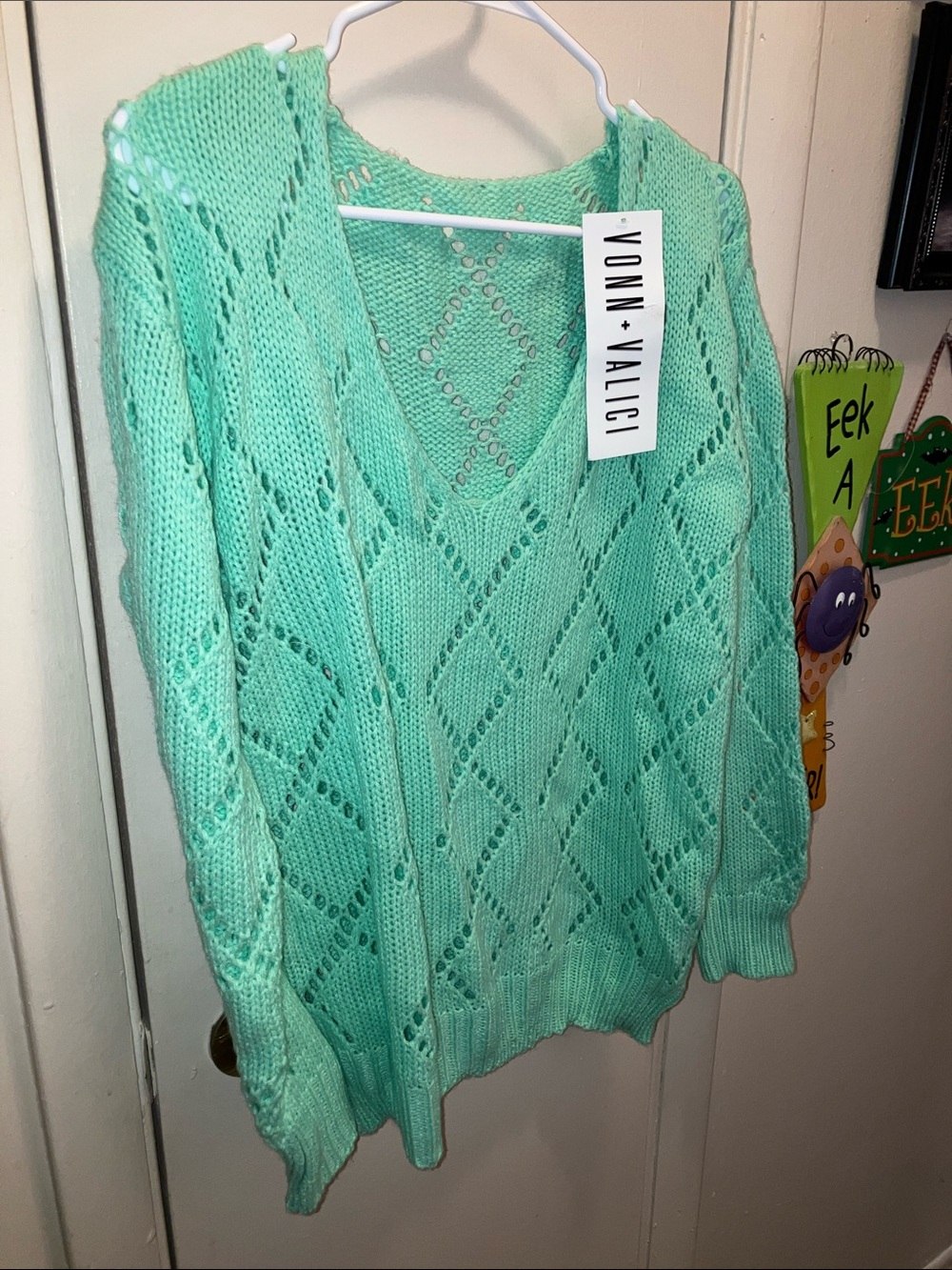 Vonn Valici Open Knit V-Neck Sweater in Mint Green XL New